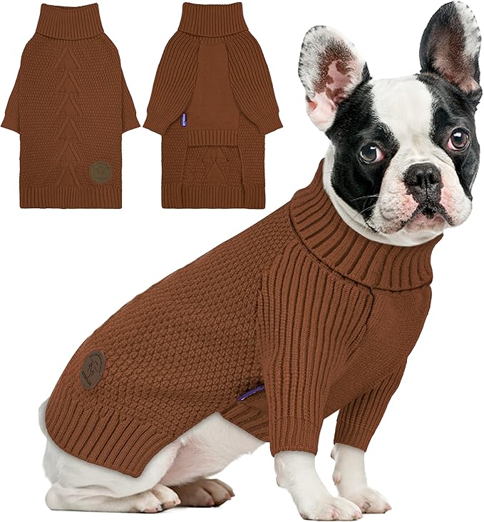 cyeollo Dog Sweaters for Small Dogs Boy, Pullover Turtleneck for Dogs Male, Knitted Doggy Fall Winter Warm Cold Weather Dog Clothes Apparel with Sleeves, Brown L