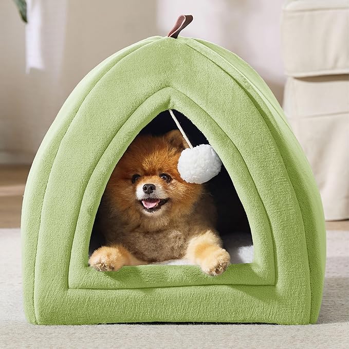 Bedsure Cat Beds for Indoor - 2 in 1 Cat Cave House Tent for Kittens and Small Pets with Removable Washable Cushioned Pillow, Foldable Kitten Hideaway with Non-Slip Bottom, Green, 17.3 inches