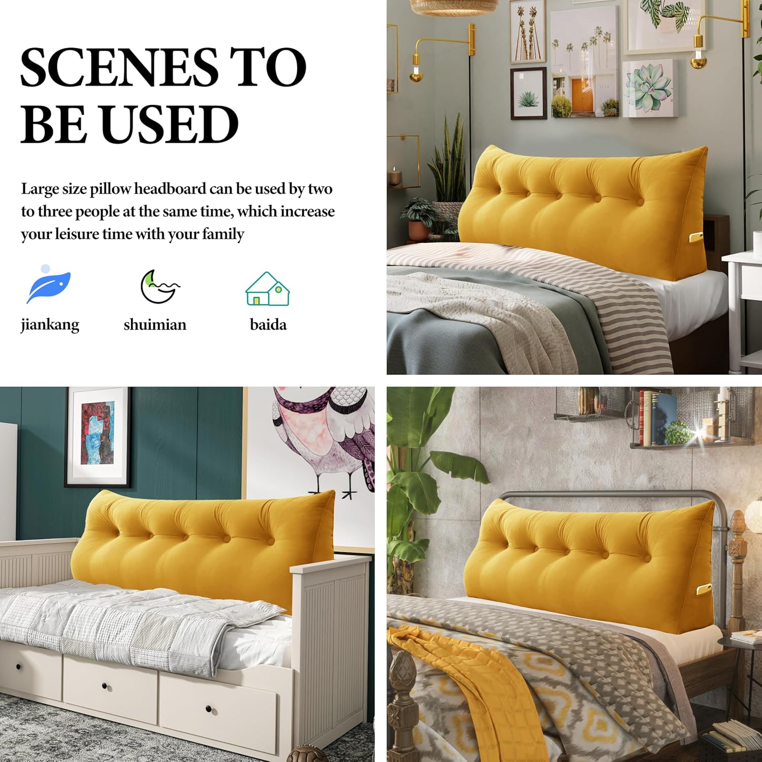 Bed Wedge Headboard Pillow - College Dorm Reading Pillow Back Support While Sitting in Bed - Ergonomic Lumbar Pillow Body Positioning Bed Pillow - Velvet Golden Yellow 39IN