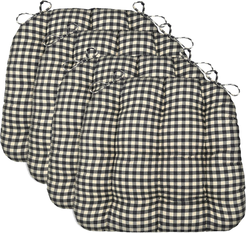 Barnett Home Decor Chair Cushions for Dining Chairs - 15x17 Kitchen Chair Cushions - Machine Washable, 100% Cotton, Made in USA - Latex Foam Chair Pads - Farmhouse Check Black and White Pack of 4