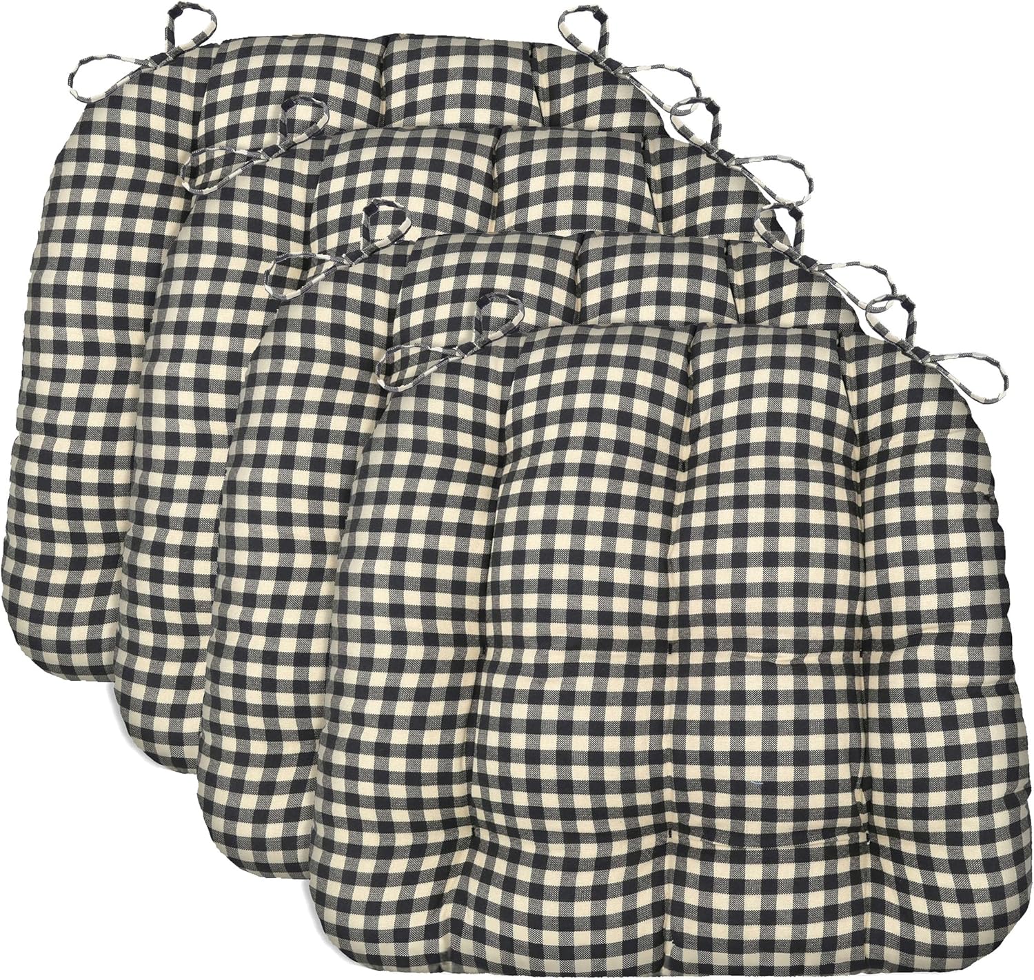 Barnett Home Decor Chair Cushions for Dining Chairs - 15x17 Kitchen Chair Cushions - Machine Washable, 100% Cotton, Made in USA - Latex Foam Chair Pads - Farmhouse Check Black and White Pack of 4