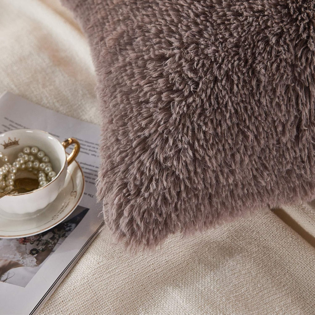 Uhamho Set of 2 Faux Fur Throw Pillow Covers Soft Velvet Decorative Pillowcases Zipper Closure (Purplish Taupe, 20"x36")