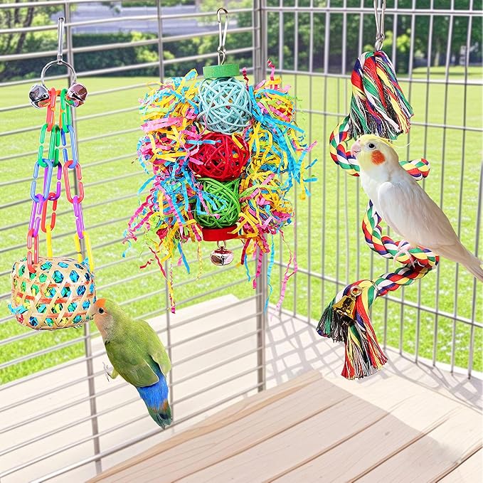Bird Toys for Parakeet，ESRISE Parrot Conure Chewing Shredding Foraging Toys with Rope Perch, Bird Cage Accessories for Cockatiel Budgies Lovebird