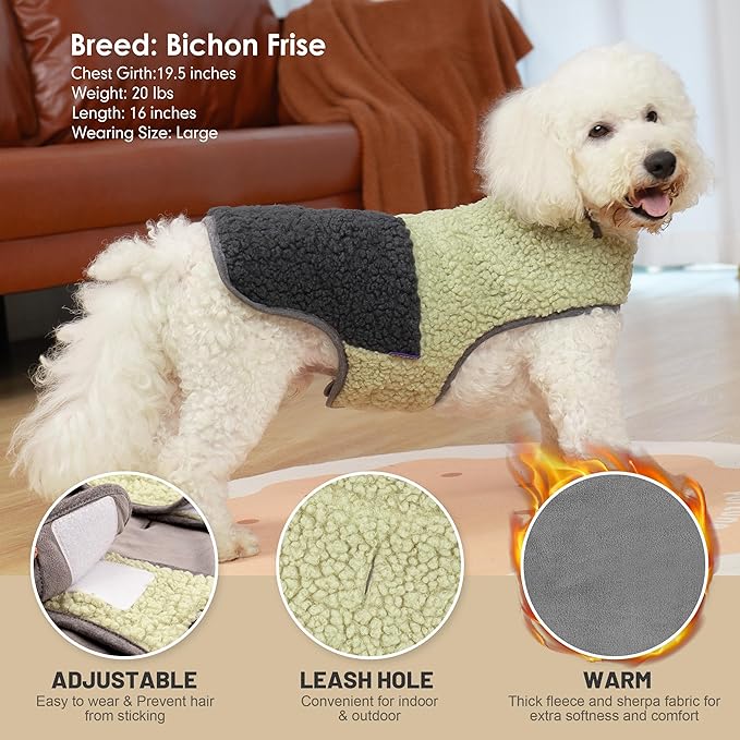 cyeollo Warm Dog Coat Sherpa Dog Winter Coat, Reversible Fleece Doggie Jackets Sweater Vest for Small Dogs Male with Leash Hole, Soft Cold Weather Pet Coats, Khaki S