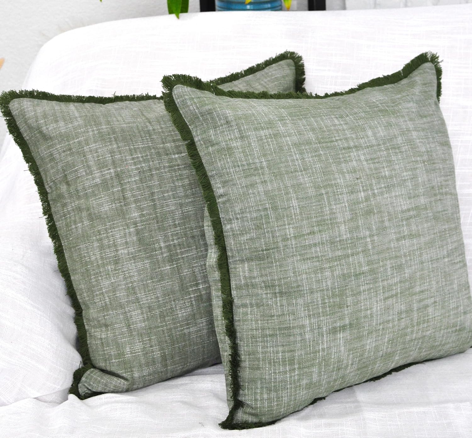 20x20 Textured Cotton Pillow Covers Green with Decorative Fringe Boho Farmhouse Cushion Cover with Tassels Linen Like Accent Pillowcases for Bed Couch Chair Sofa Living Room Set of 2