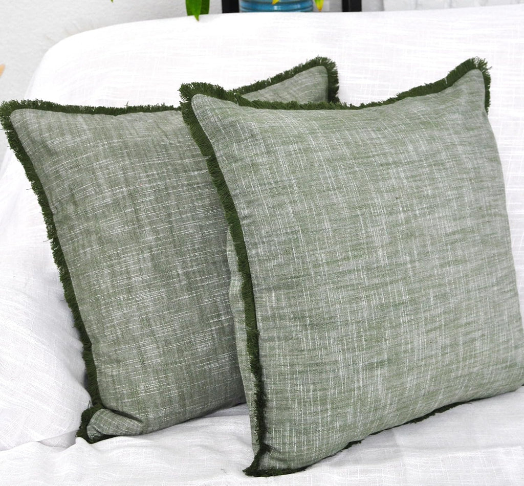 16×16 Textured Cotton Throw Pillow Covers with Decorative Fringed Edge Boho Farmhouse Cushion Covers with Tassels Linen Like Accent Pillowcases for Bed Couch Chair Sofa Living Room,Green Set of 2