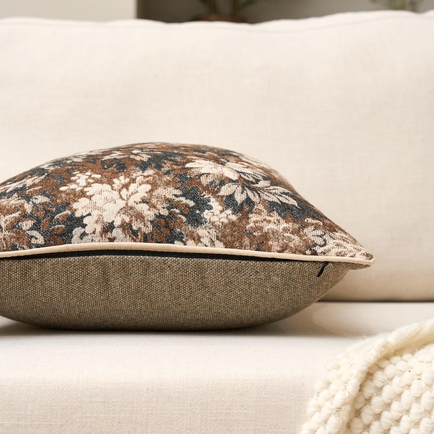 Yangest Neutral Floral Pillow Cover 24 x 24 Inches, Vintage Chenille Square Throw Pillow Cover Soft Decorative Farmhouse Accent Couch Pillow Cover for Living Room Bedroom, Coffee Brown
