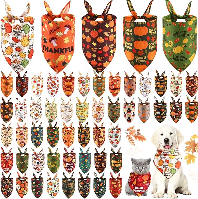 Abbylike 50 Pcs Dog Bandanas Bulk Pet Scarfs Triangle Bibs Adjustable Washable Puppy Kerchief Seasonal Pet Costume Accessories Grooming Supplies for Small Medium Large Dogs Cats(Fall)