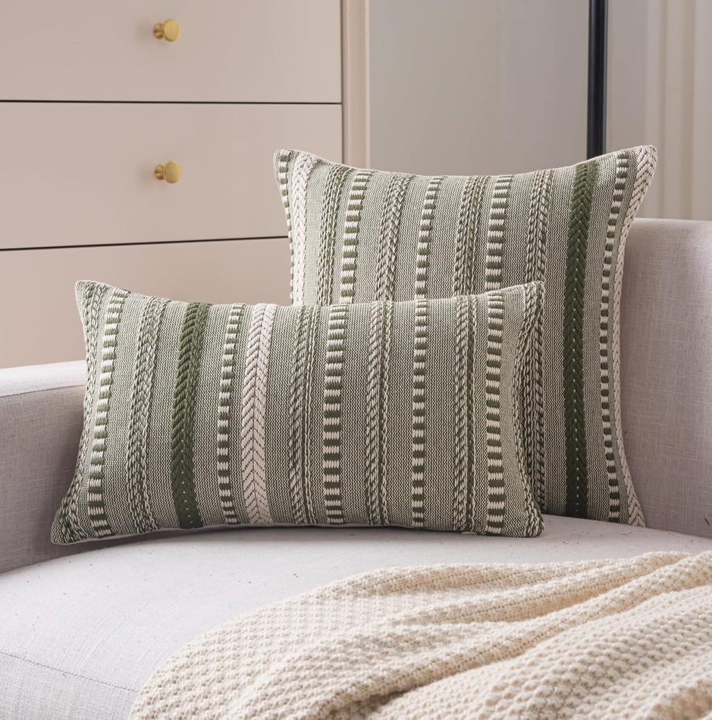 Boho Throw Pillow Covers 22x22 Inch Set of 2, Farmhouse Decorative Couch Pillow Cases, Green Accent Pillows of Bed, Sofa Bedroom Living Room Home Decor Cushion Cover