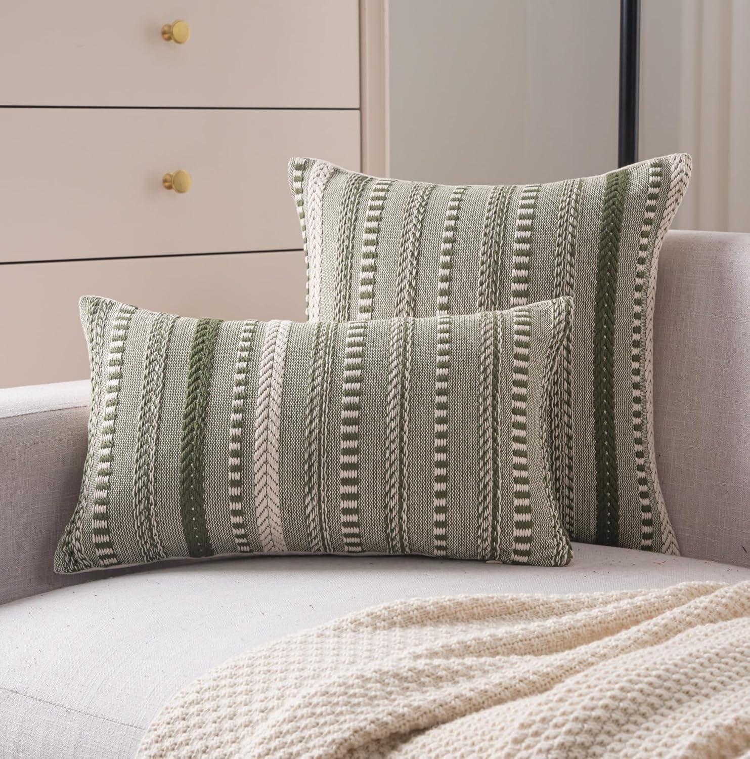 Boho Throw Pillow Covers 12x20 Inch Set of 2, Farmhouse Decorative Couch Pillow Cases, Green Accent Pillows of Bed, Sofa Bedroom Living Room Home Decor Cushion Cover