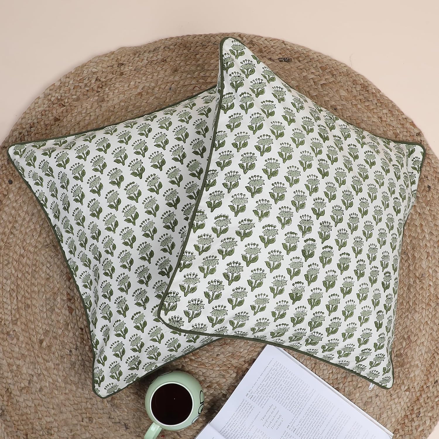 SheetKart Pure Cotton Throw Pillow Covers - Set of 2 - Hand Block Pure Cotton Printed Boho Decorative Pillow Covers - Cushion Covers for Living Room, Bohemian Theme, 18 x 18 Inches, Olive Petal