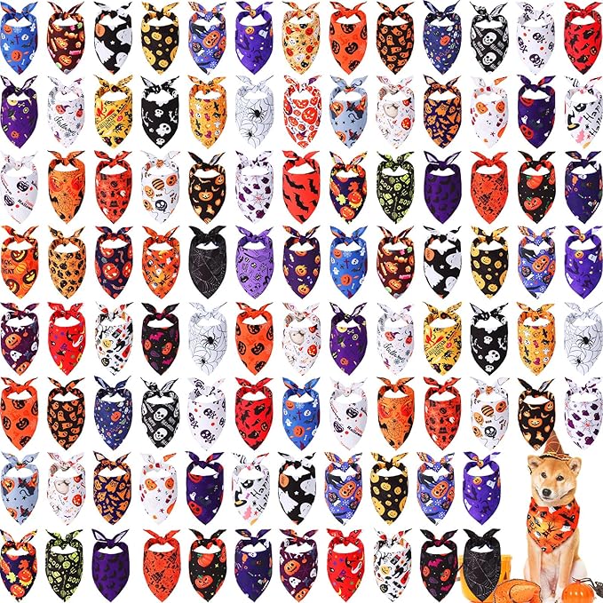 Kigeli 100 Pack Halloween Dog Bandanas Adjustable Triangle Bibs Scarf Ghost Halloween Pumpkin Spider Web Pet Bandanas Costumes Holiday Accessories for Large Medium Small Dog Puppy Cat(Small)