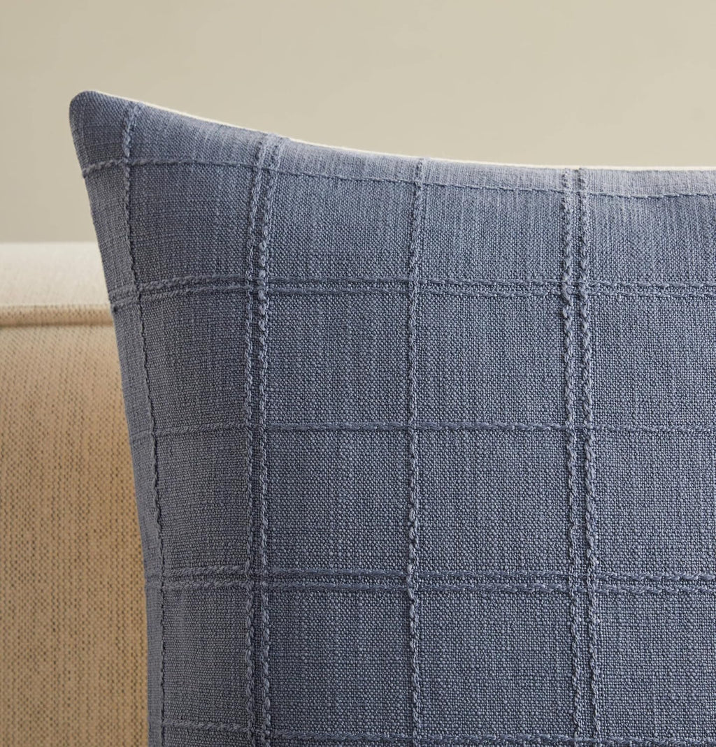 ZeeMart Linen Checked Lumbar Throw Pillow Covers Set of 2, 12x20 Inch Blue/Cream, Farmhouse Decorative Single Sided Grid Embroidered Couch Pillow Cases Dusty Blue Cotton Linen Cushion Covers