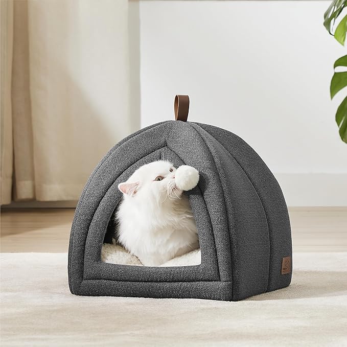 Bedsure Cat Beds for Indoor - 2 in 1 Cat Cave House Tent for Kittens and Small Pets with Removable Washable Cushioned Pillow, Foldable Kitten Hideaway with Non-Slip Bottom, Dark Grey, 16 inches