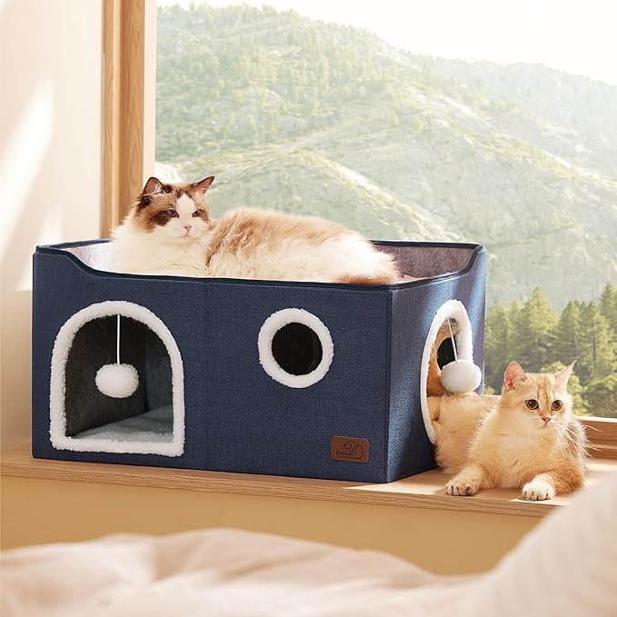 Bedsure Large Cat Beds for Indoor Cats - Extra Wide Cat Cube House for Small Pet with Fluffy Ball Hanging and Scratch Pad, Foldable Pet Cave Hideaway for Multiple Cats, 23.6x16.9x13 inches, Blue