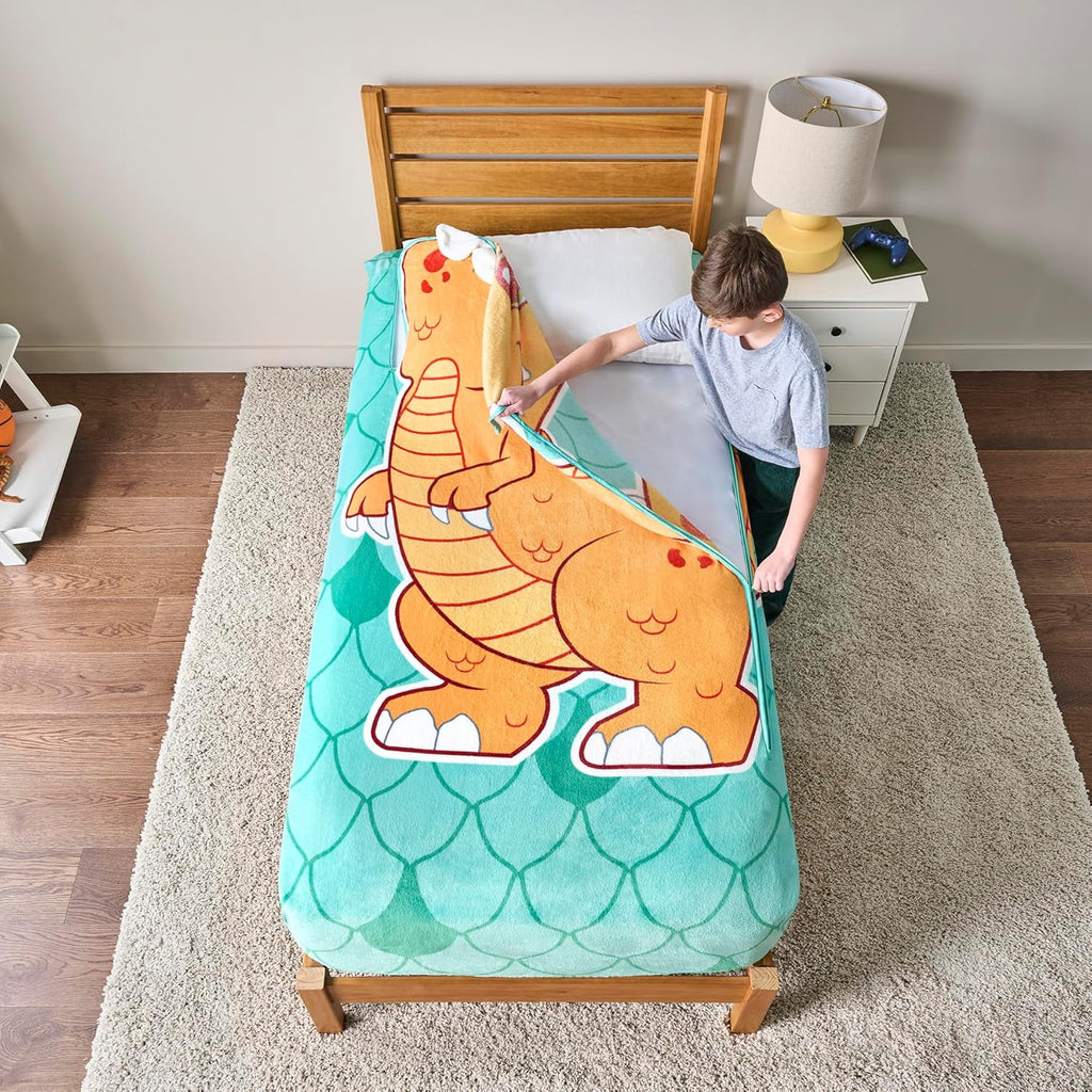 ZippySack Twin Bed Zip-Up Bedding – Super Soft Fleece Fitted Blanket with Side Pocket & Durable Zipper – Easy Bed-Making for Kids (Dinosaur)