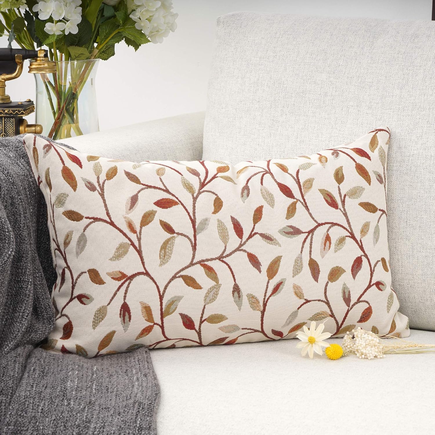YOUR SMILE Farmhouse Oblong Rectangle Floral Chenille Embroidery Decorative Throw Pillow Case Cushion Cover Lumbar Pillowcase for Sofa 12 x 20 Inch, Brown Leaves
