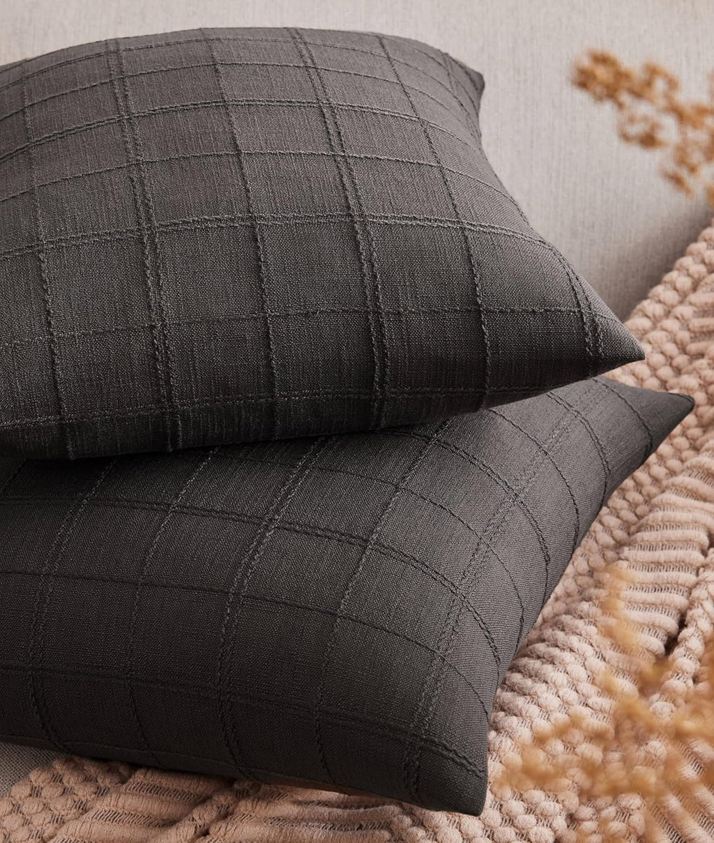 ZeeMart Linen Checked Throw Pillow Covers Set of 2, 20x20 Inch Allover Grid Charcoal, Farmhouse Decorative Double Sided Grid Embroidered Couch Pillow Cases Grey Cotton Linen Cushion Covers