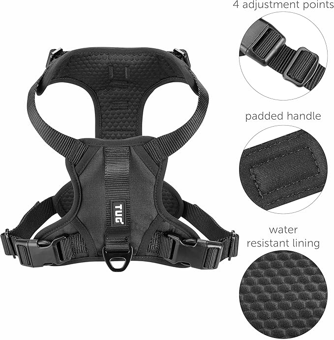 TUG Dog Harness with 2 Leash Connection Points | Adjustable, Padded, Lightweight | Handle on Back | No-Pull Front Clip (XL, Black)