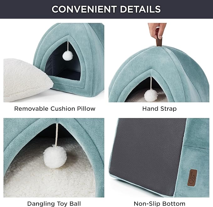 Bedsure Cat Beds for Indoor - 2 in 1 Cat Cave House Tent for Kittens and Small Pets with Removable Washable Cushioned Pillow, Foldable Kitten Hideaway with Non-Slip Bottom, Ocean Blue, 17.3 inches
