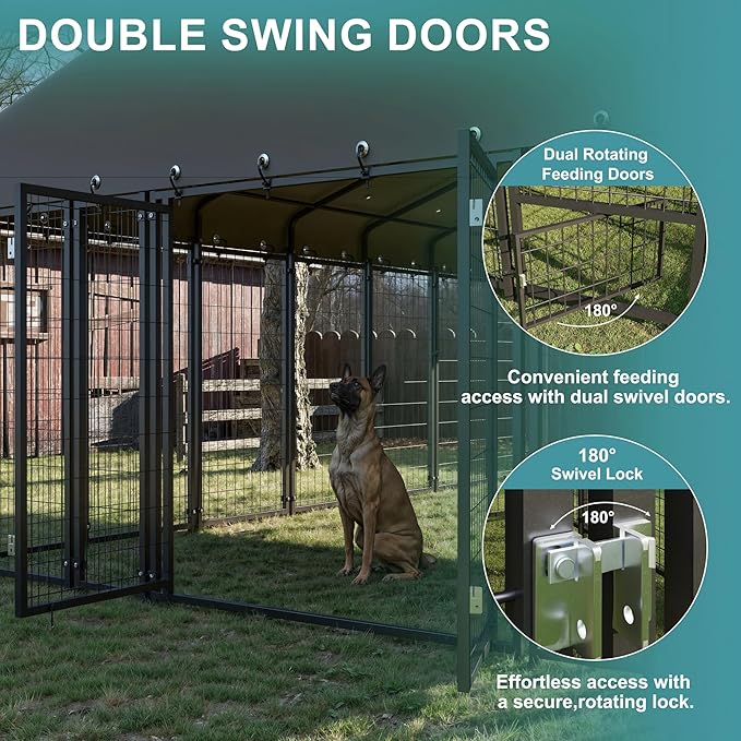 10 x 20 FT Large Outdoor Dog Kennel with Double Swing Doors, Heavy-Duty Dog Cage with Feeding Panel, Weatherproof Roof, Secure Fence Playpen for Large Dogs, Easy Assembly