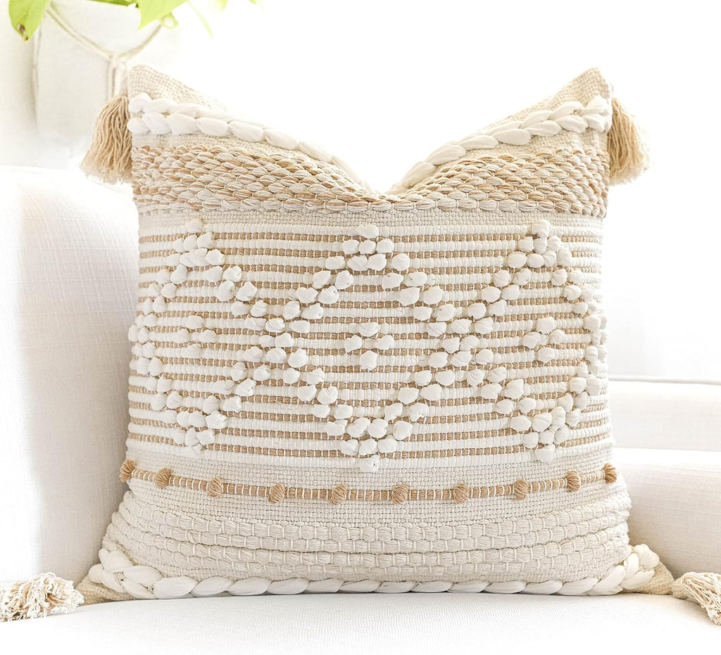 BlissBlush Cream White Boho Throw Pillow Cover 20X20, Boho Woven Textured Pillow Cover, Neutral Pillow Cover, Sofa Couch Bed Farmhouse Lumbar Pillow (Cover ONLY)