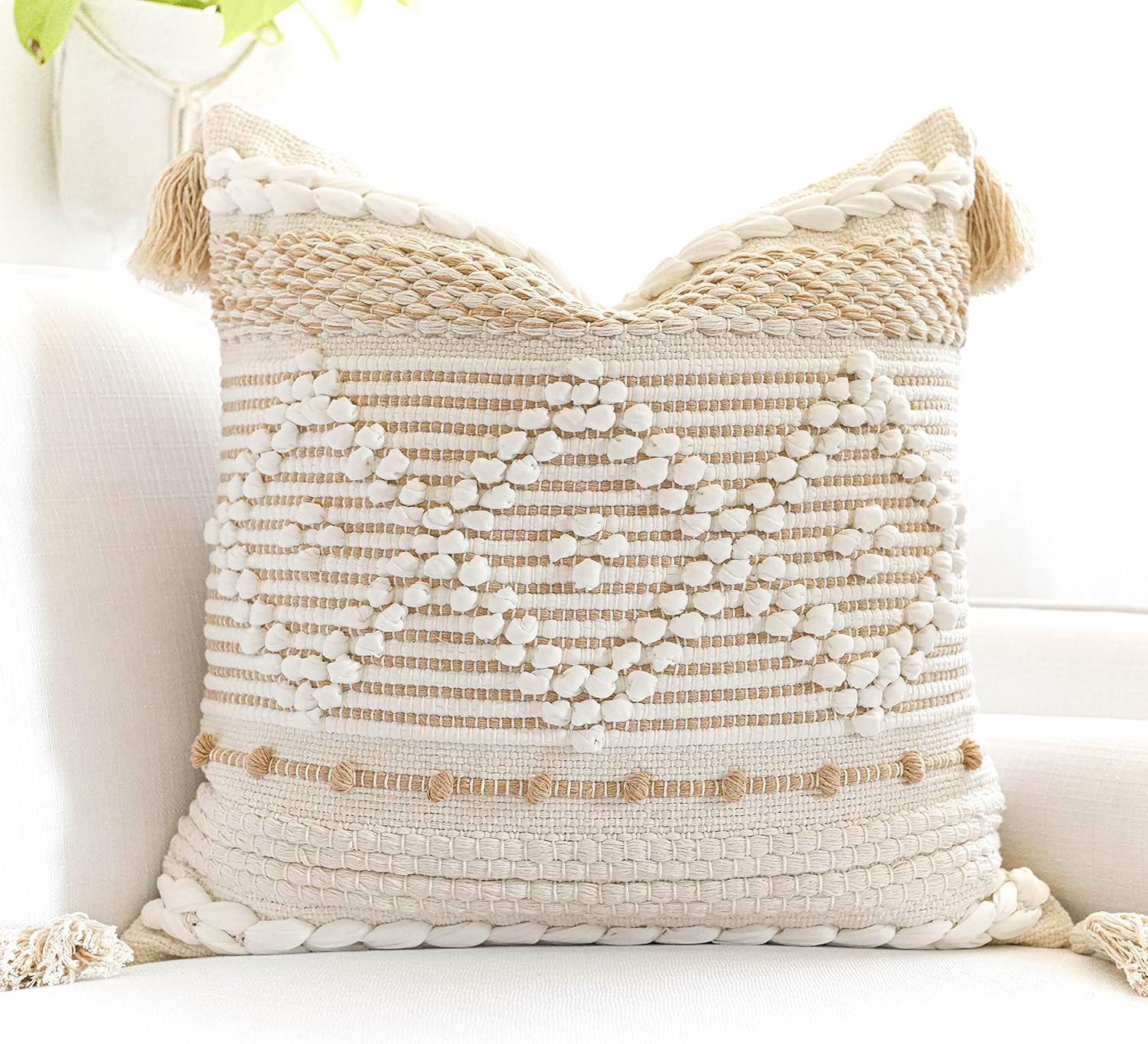 BlissBlush Cream White Boho Throw Pillow Cover 20X20, Boho Woven Textured Pillow Cover, Neutral Pillow Cover, Sofa Couch Bed Farmhouse Lumbar Pillow (Cover ONLY)