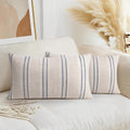 AELS 12x20 Decorative Farmhouse Linen Throw Pillow Covers, Boho Textured Pillow Case, Set of 2, Beige with White & Navy Blue Stitch Yarn Dyed Stripe Cushion Cover for Couch Living Room (Cover ONLY)