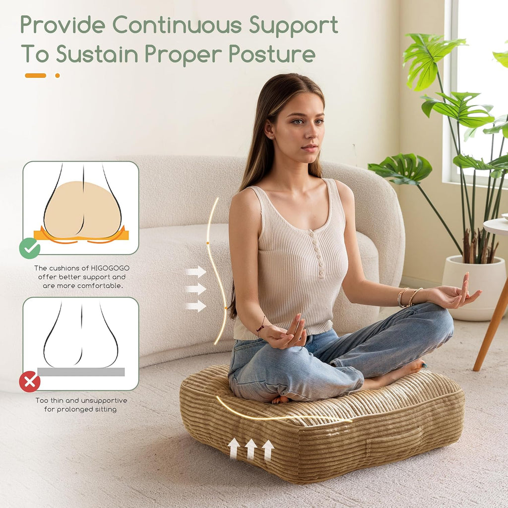 6" Washable Floor Pillow Cushion for Adults, Meditation Cushion Pillow, Large Square Floor Sitting, Removable Tufted Corduroy Cover, for Tatami Living Room or Yoga, 22x22 Inch, Machine Washable