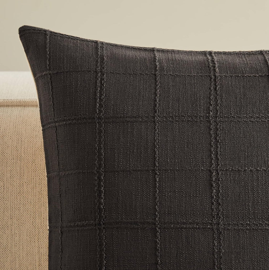 ZeeMart Linen Checked Throw Pillow Covers Set of 2, 16x16 Inch Charcoal/Cream, Farmhouse Decorative Single Sided Grid Embroidered Couch Pillow Cases Dark Grey Cotton Linen Cushion Covers