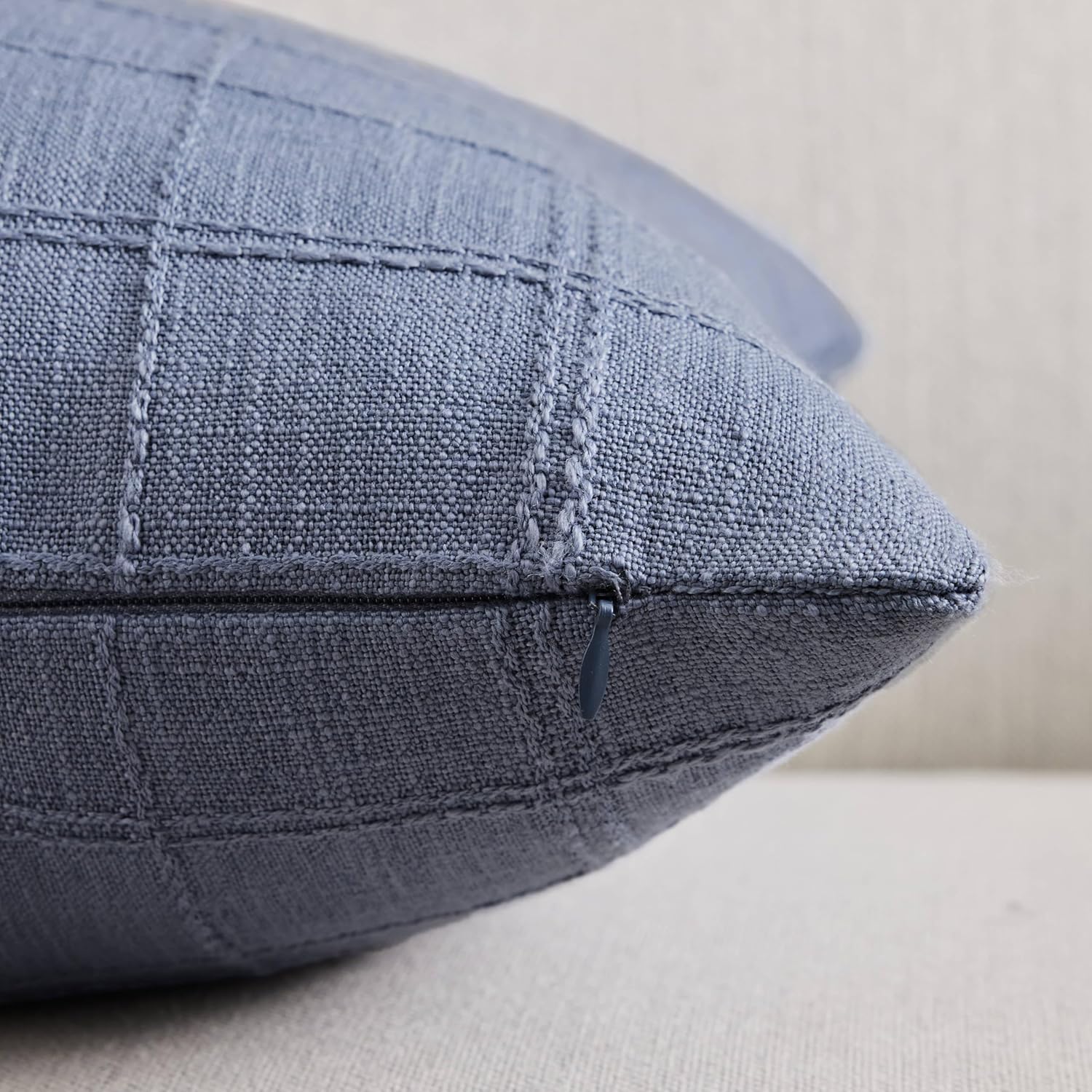 ZeeMart Linen Checked Lumbar Throw Pillow Covers Set of 2, 12x20 Inch Allover Grid Blue, Farmhouse Decorative Double Sided Grid Embroidered Couch Pillow Cases Blue Cotton Linen Cushion Covers