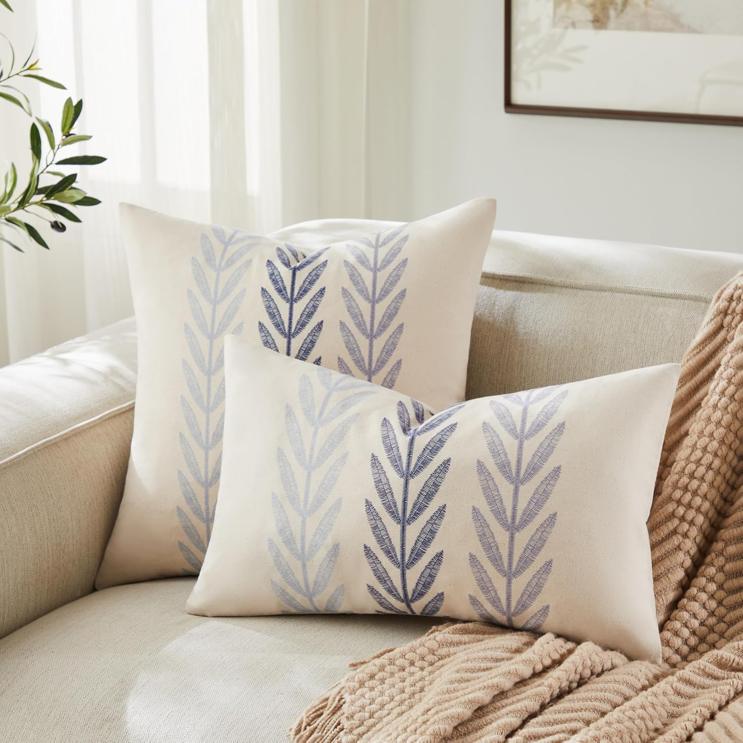 100% Cotton Farmhouse Leaves Throw Pillow Covers Set of 2, 16x16 Inch Mixed Blue Pastoral Decorative Print Cushion Covers for Sofa Bed Living Room Home Decor