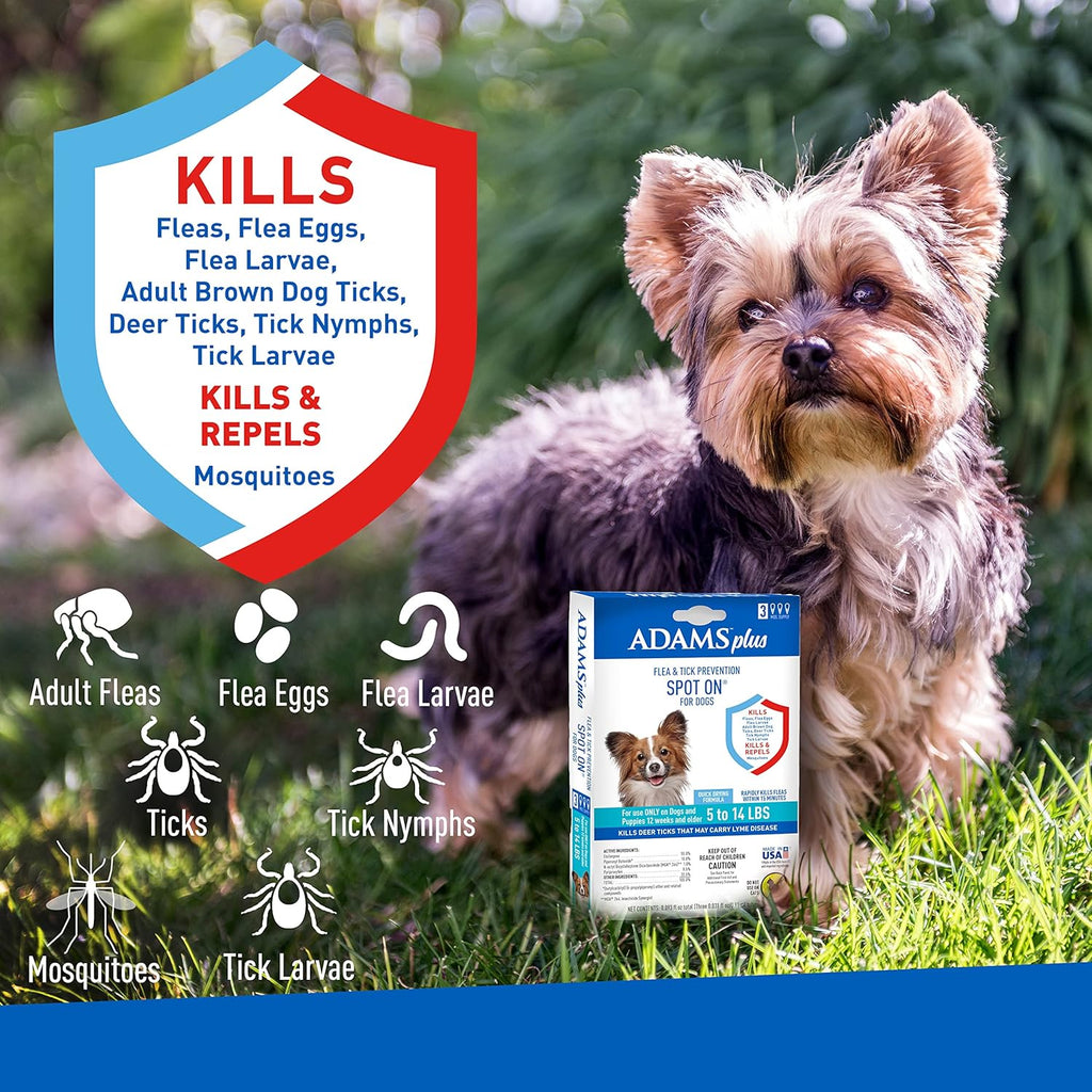 Adams Plus Flea & Tick Prevention Spot On for Dogs 5-14 Pounds, 3-Month Supply, Kills Fleas, Flea Eggs, Flea Larvae, Brown Dog & Deer Ticks, Kills and Repels Mosquitoes For 30 Days, Central Brands