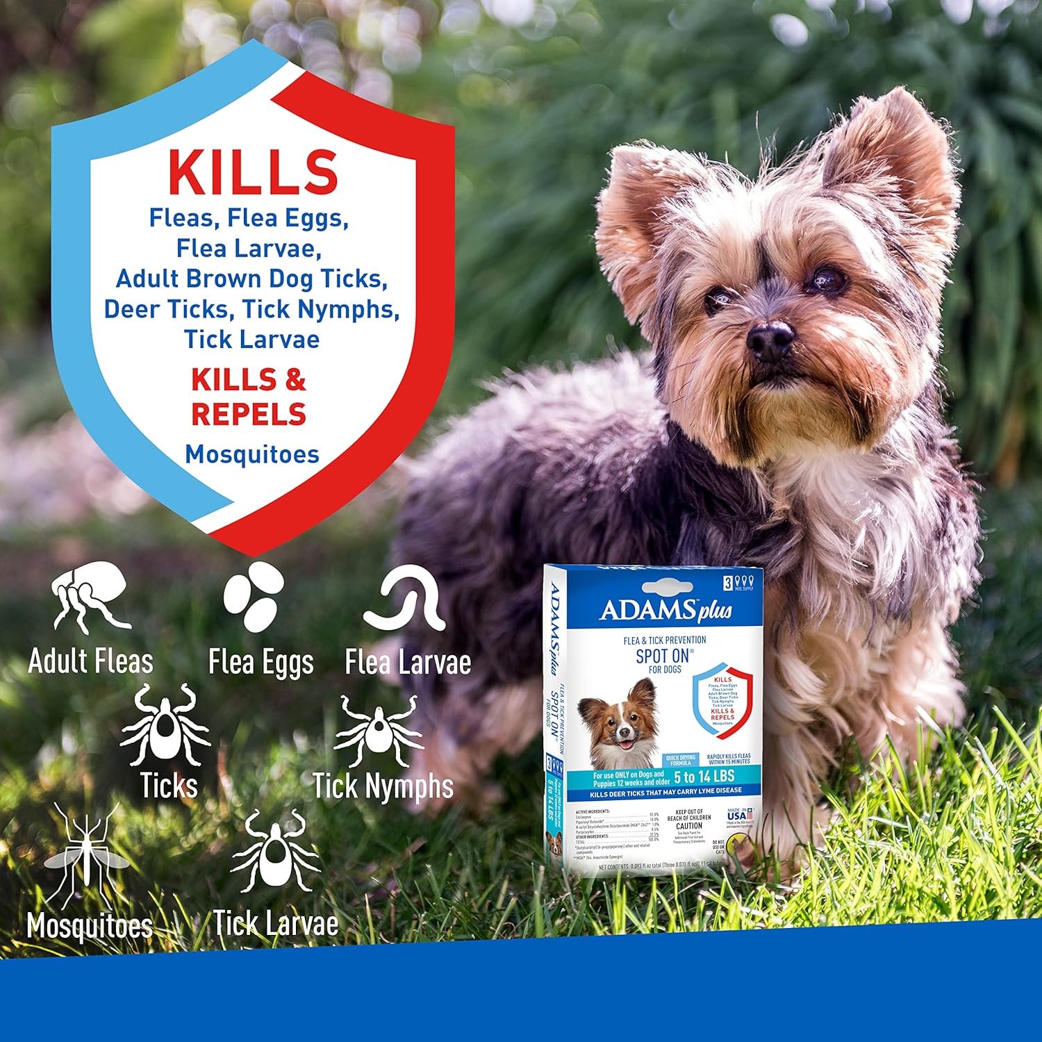 Adams Plus Flea & Tick Prevention Spot On for Dogs 5-14 Pounds, 3-Month Supply, Kills Fleas, Flea Eggs, Flea Larvae, Brown Dog & Deer Ticks, Kills and Repels Mosquitoes For 30 Days, Central Brands