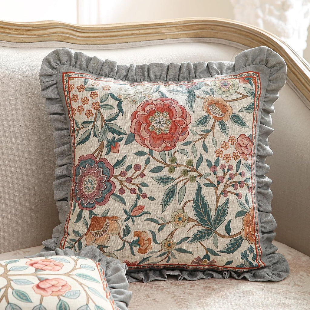 Orange Throw Pillow Covers,Cottage Rustic with Blooming Floral Pattern Linen Pillowcases,Decorative Square Pillows Cushion Covers for Couch Sofa Bed Chair Car,18x18 Inches