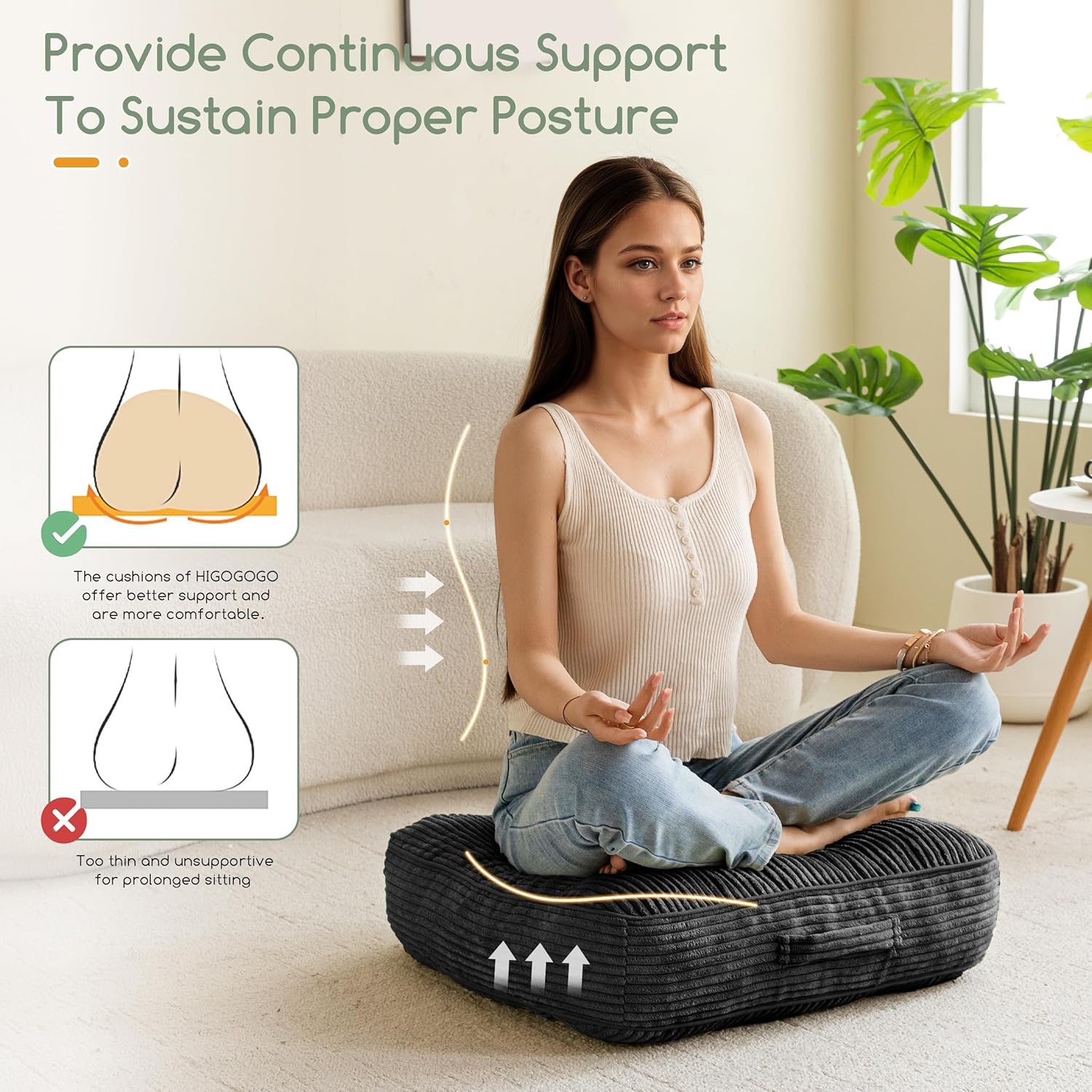 6" Washable Floor Pillow Cushion for Adults, Meditation Cushion Pillow, Large Square Floor Sitting, Removable Tufted Corduroy Cover, for Tatami Living Room or Yoga, 22x22 Inch, 2Pack, Machine Washable