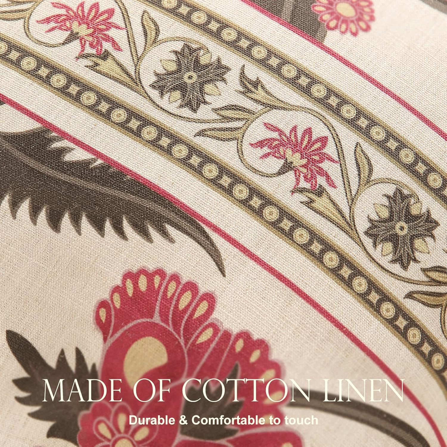 patdrea Designer Throw Pillow Cover 18"x18",Vintage Bird and Floral Pattern Linen Pillows Cover with Red and Yellow Pendant Charms,Square Decorative Pillowcases for Couch Bed Living Room Outdoor