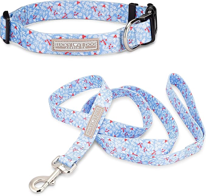 Lucky Love Dog - Adjustable Dog Collar and Leash Set with Easy Click Buckle for Small to Large Dogs, Durable, & Comfortable Collar for Male & Female Dogs, Puppies & Adult - Winterblue Combo, Medium