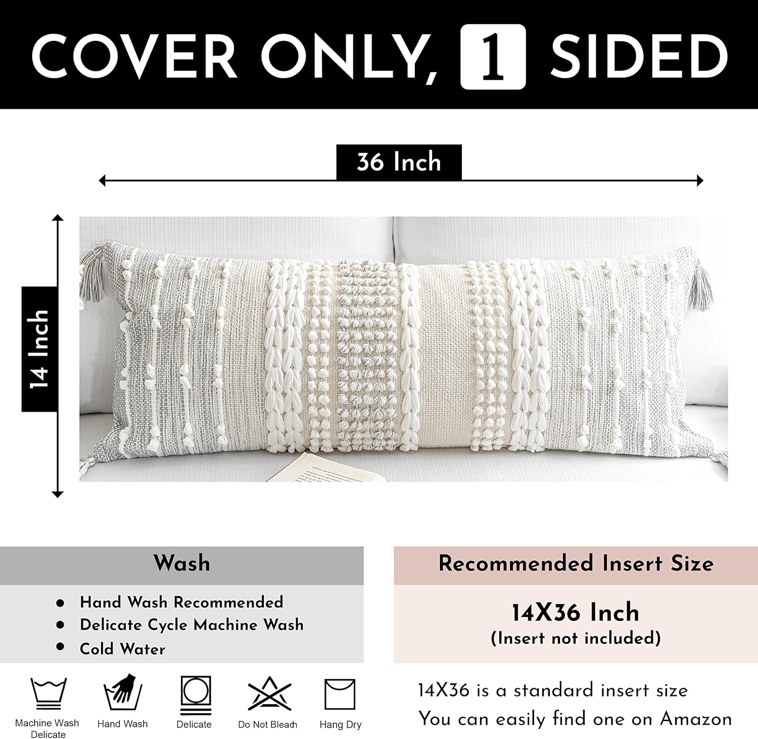 BlissBlush Gray Decorative Lumbar Pillow Cover 14x36, Boho Long Throw Pillow for Bed, Accent Lumbar Throw Pillow Case, Modern Farmhouse Textured Lumbar Cushion (Cover ONLY)