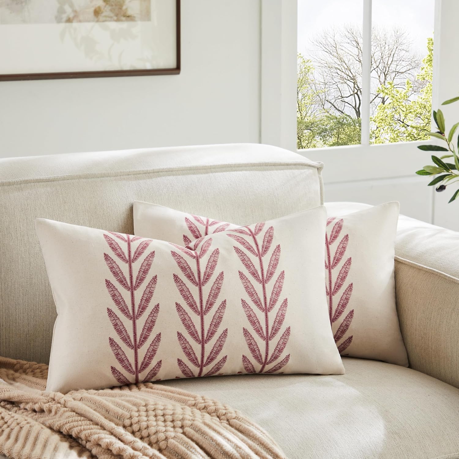 100% Cotton Farmhouse Leaves Lumbar Throw Pillow Covers Set of 2, 12x20 Inch Burgundy Pastoral Decorative Print Cushion Covers for Sofa Bed Living Room Home Decor