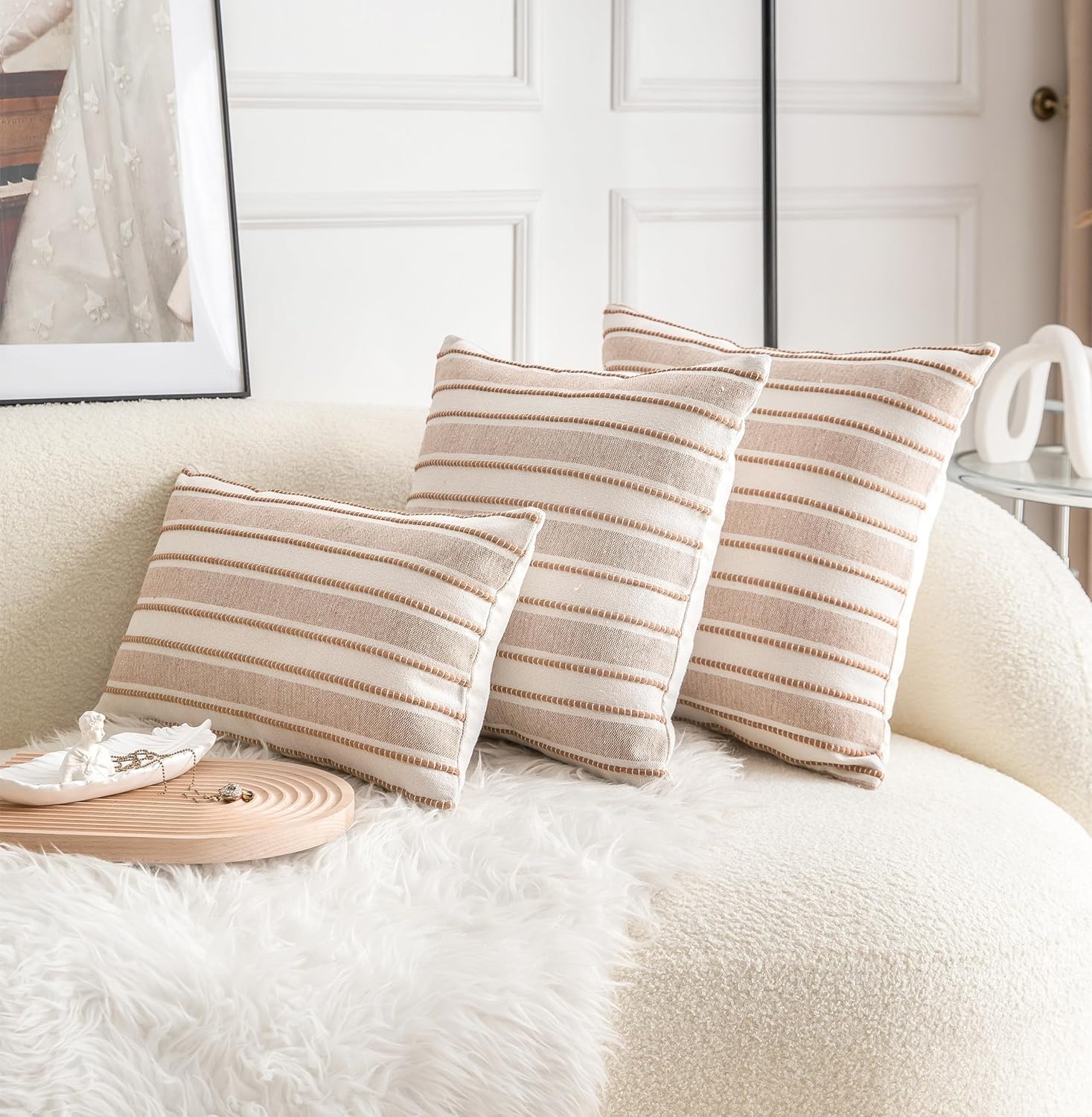 Decorative Boho Lumbar Throw Pillow Covers, Farmhouse Textured Pillow Case, 12 x 20 Inch Set of 2, Chair Sofa Bedroom Living Room Home Decor Couch Cushion Case, Brown and Beige