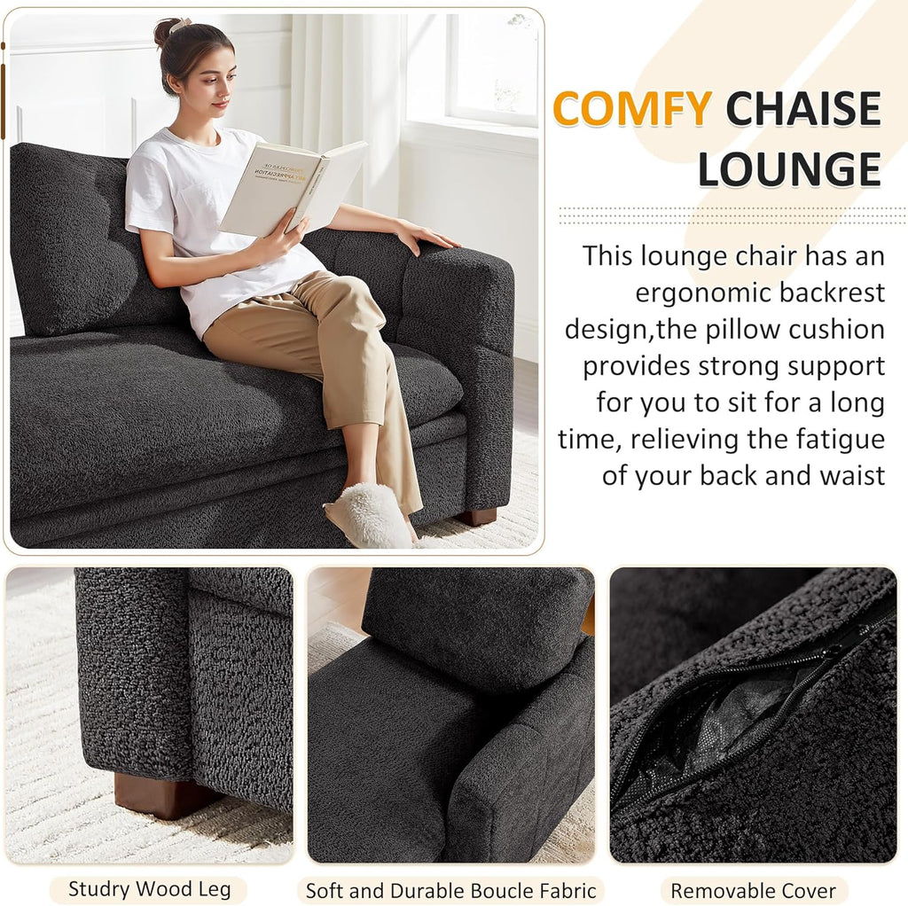 VANOMi Oversized 70.47'' Chaise Lounge Chair Indoor with Storage Space, Modern Upholstered Sofa Bed with Thick Cushion & Left Armrest, Boucle Leisure Recliner for Living Room, Bedroom, Dark Gray