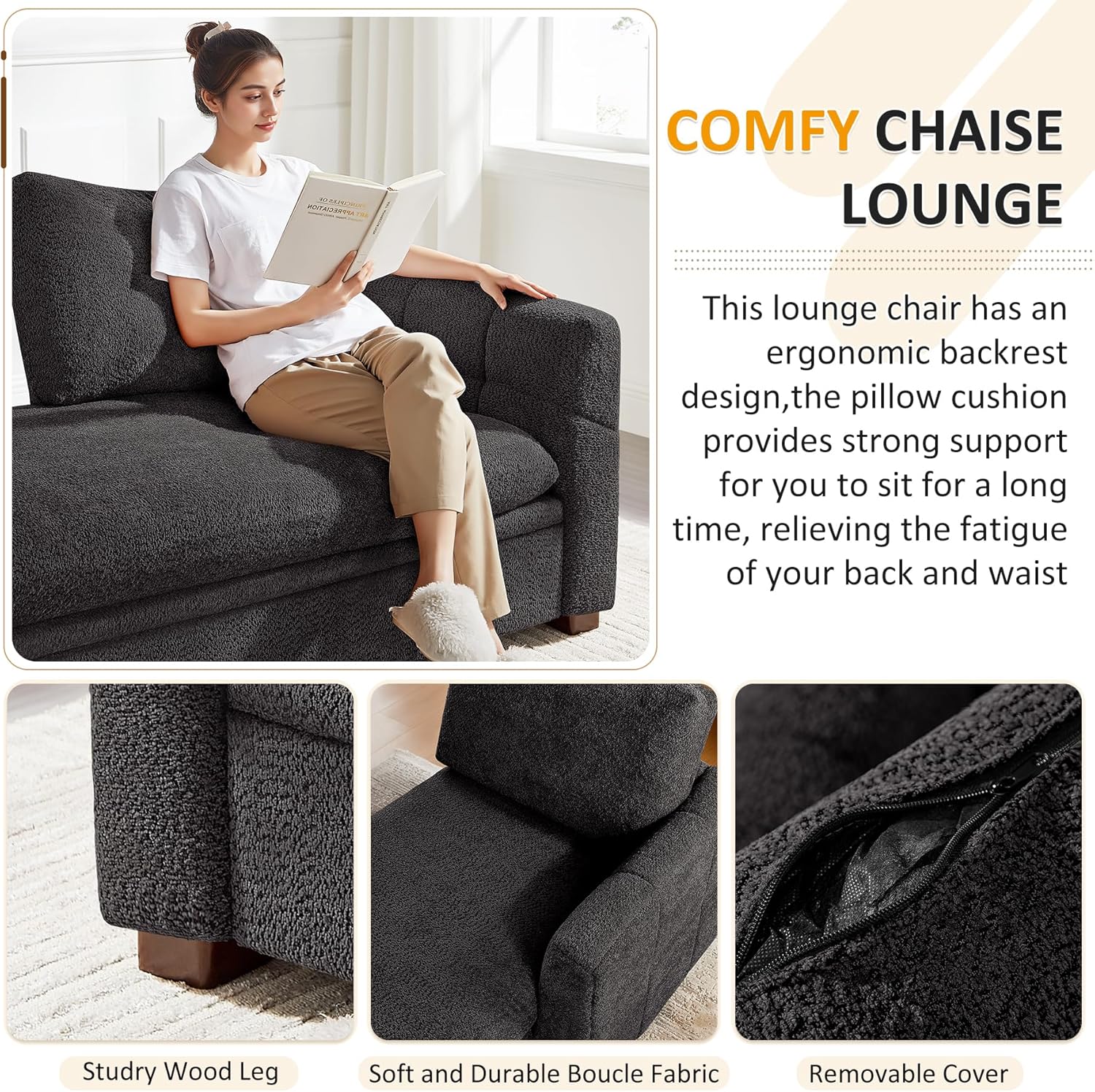 VANOMi Oversized 70.47'' Chaise Lounge Chair Indoor with Storage Space, Modern Upholstered Sofa Bed with Thick Cushion & Left Armrest, Boucle Leisure Recliner for Living Room, Bedroom, Dark Gray