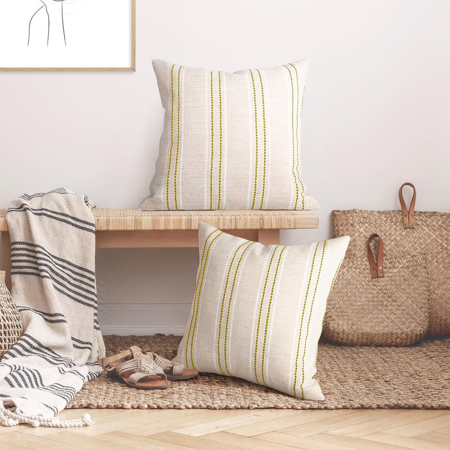 AELS 20x20 Decorative Farmhouse Linen Throw Pillow Covers, Boho Textured Pillow Case, Set of 2, Beige with White & Green Stitch Yarn Dyed Stripe Cushion Cover for Sofa Couch Living Room (Cover ONLY)