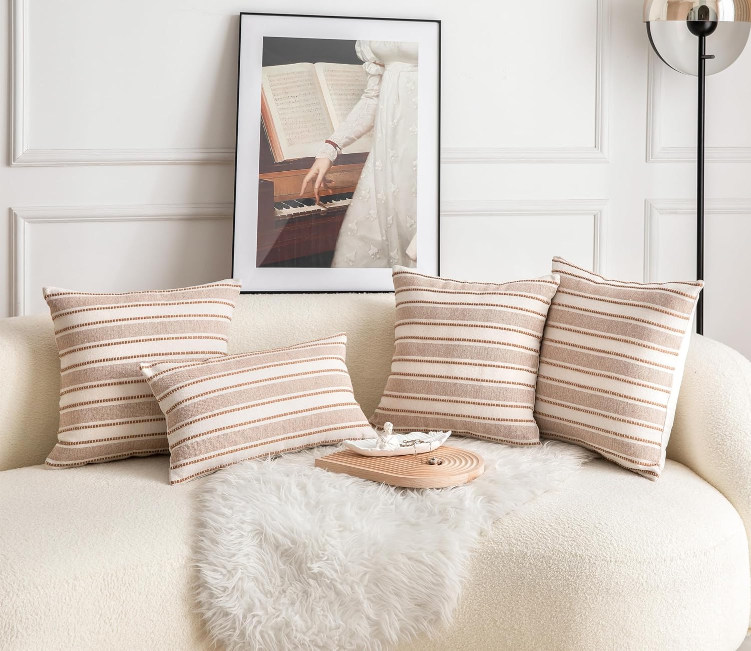 Decorative Boho Throw Pillow Covers, Farmhouse Textured Pillow Case, 18 x 18 Inch Set of 2, Chair Sofa Bedroom Living Room Home Decor Couch Cushion Case, Brown and Beige Striped