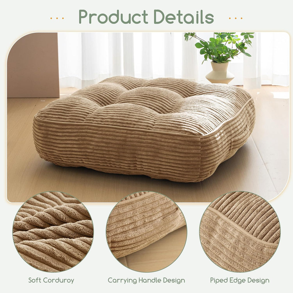 6" Washable Floor Pillow Cushion for Adults, Meditation Cushion Pillow, Large Square Floor Sitting, Removable Tufted Corduroy Cover, for Tatami Living Room or Yoga, 22x22 Inch, 2Pack, Machine Washable