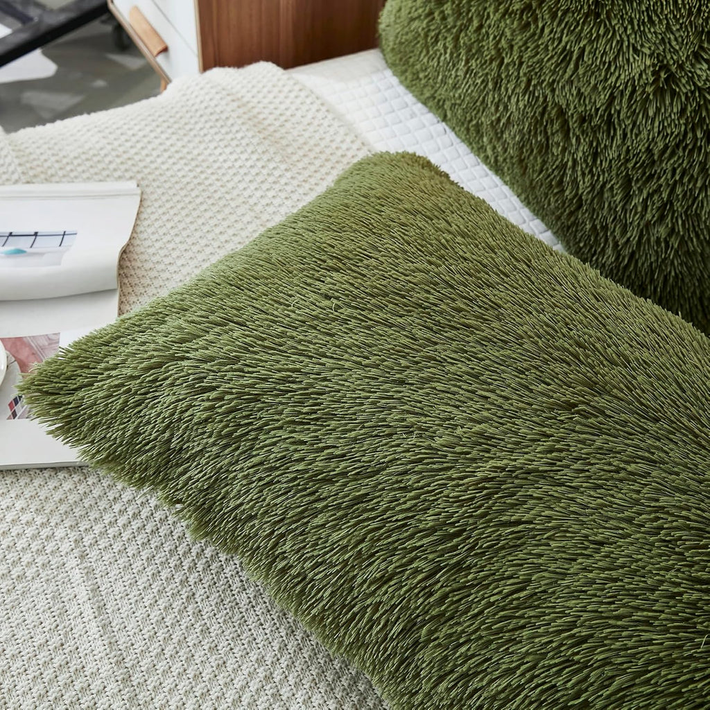 Uhamho Set of 2 Standard Pillowcases Faux Fur Throw Pillow Covers Queen Size Shams Soft Velvet Decorative Zipper Closure (Sage, 20"x26")