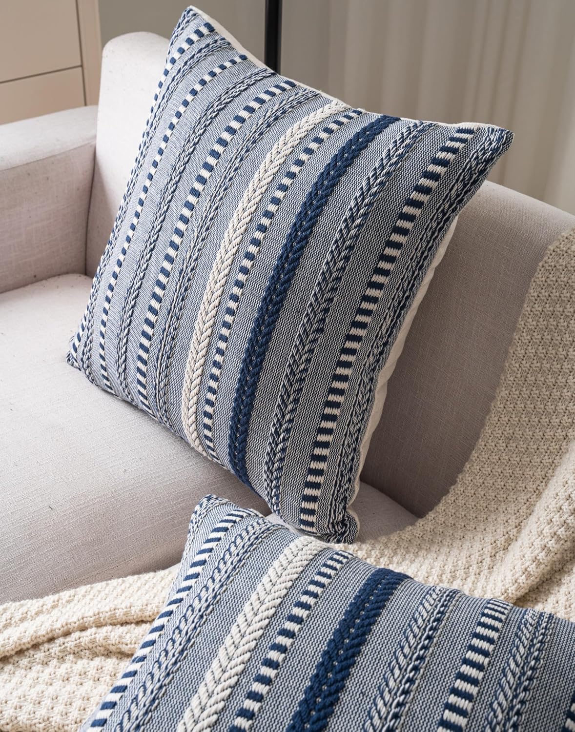 Boho Throw Pillow Covers 18x18 Inch Set of 2, Farmhouse Decorative Couch Pillow Cases, Navy Blue Accent Pillows of Bed, Sofa Bedroom Living Room Home Decor Cushion Cover