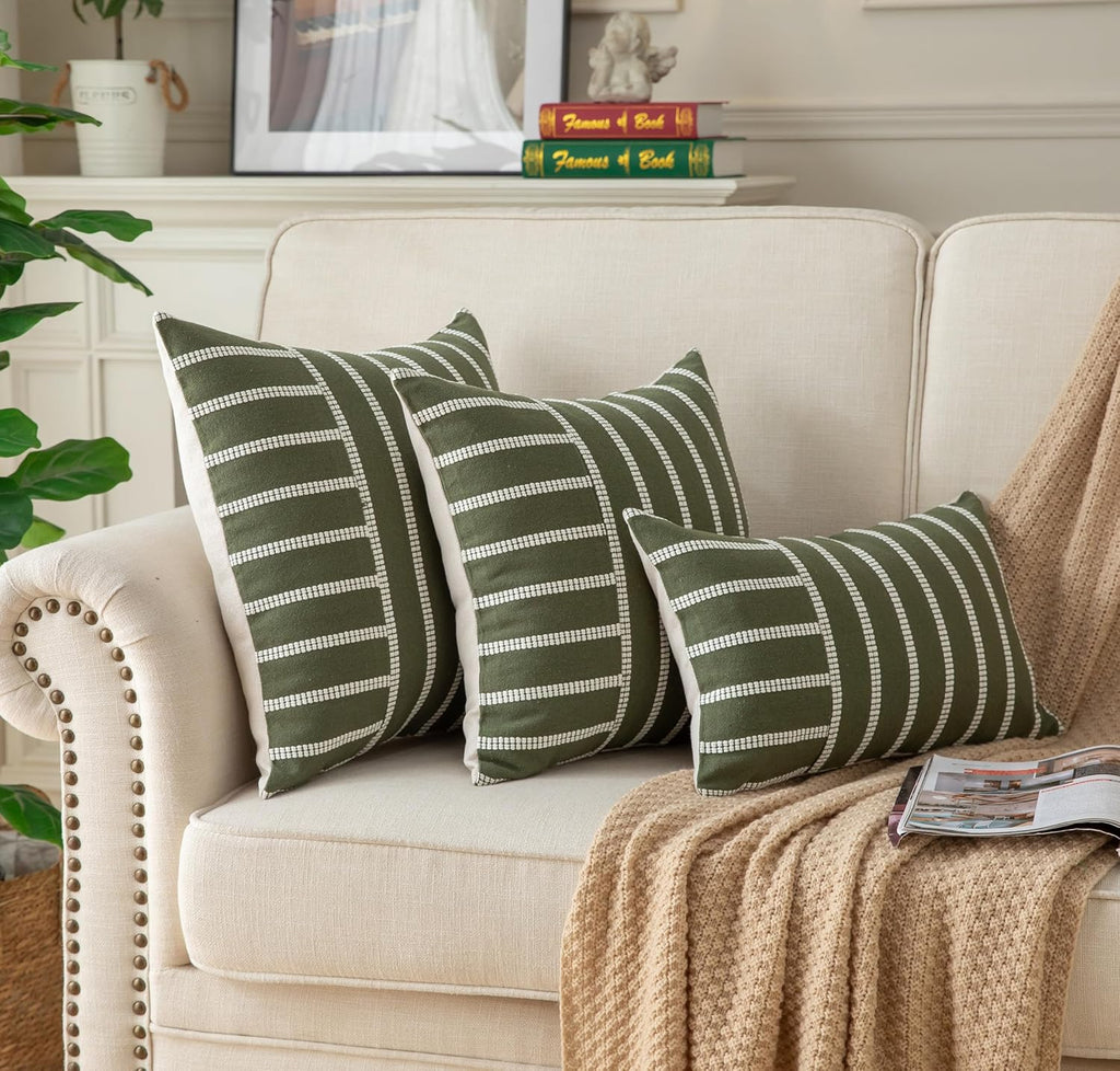 Caflife Boho Throw Pillow Covers 12x20 Set of 2 Soft Farmhouse Decorative Couch Pillow Cases Green Striped Pillow Covers Neutral Cushion Covers for Sofa Bed Living Room Home Decor