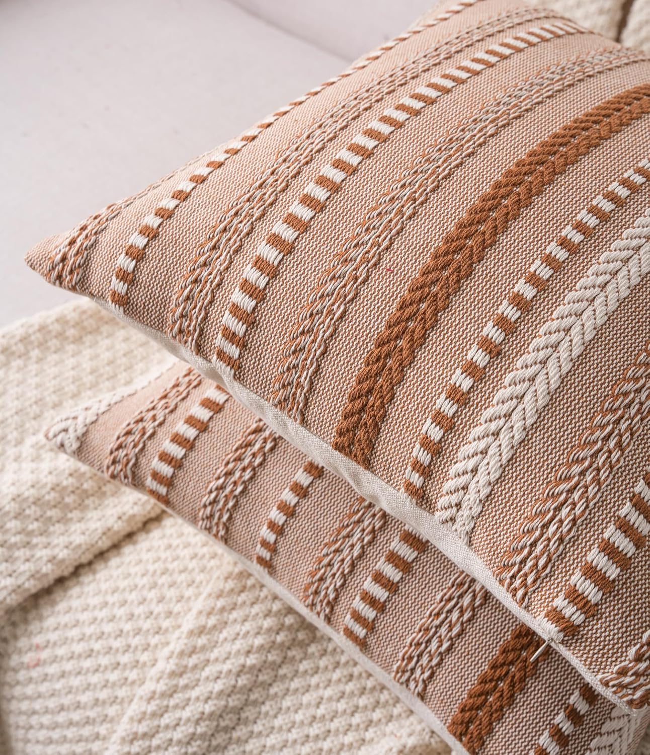 Boho Throw Pillow Covers 22x22 Inch Set of 2, Farmhouse Decorative Couch Pillow Cases, Brown Accent Pillows of Bed, Sofa Bedroom Living Room Home Decor Cushion Cover